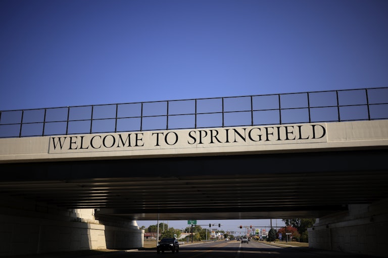 A sign that says "Welcome to Springfield" on a highway overpass near Springfield, Ohio