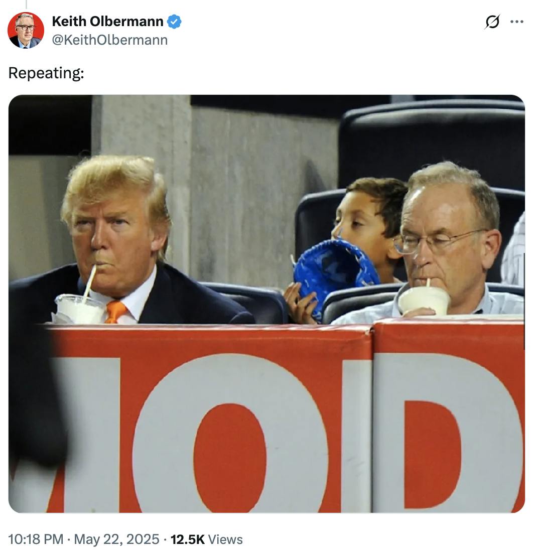 X screenshot Keith Olbermann @KeithOlbermann Repeating: (photo of Donald Trump drinking out of a plastic cup with a plastic straw)