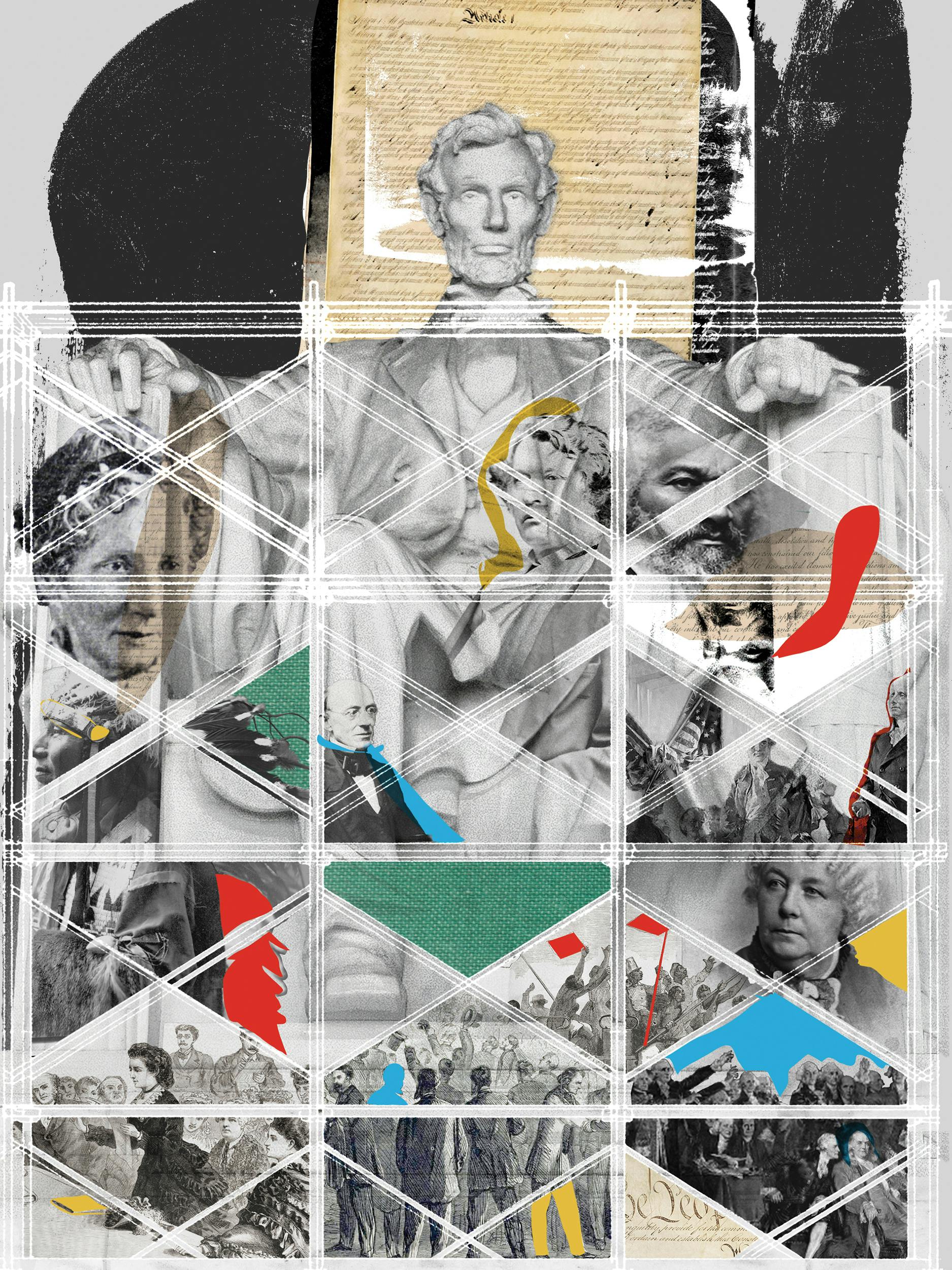 Seated with Abraham Lincoln—indicating their importance to shaping the Constitution—are senator/abolitionist Charles Sumner, Frederick Douglass, George Washington, Elizabeth Cady Stanton, Ponca Chief Standing Bear, Harriet Beecher Stowe, and abolitionist William Lloyd Garrison