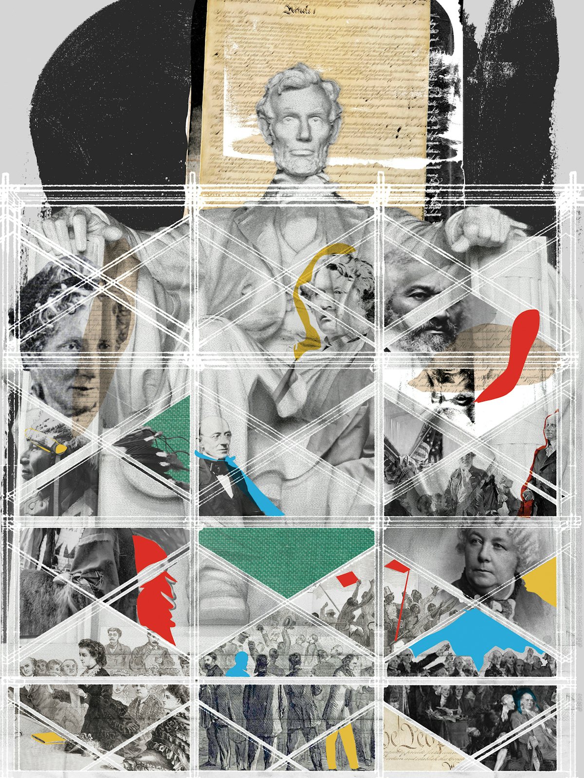 Seated with Abraham Lincoln—indicating their importance to shaping the Constitution—are senator/abolitionist Charles Sumner, Frederick Douglass, George Washington, Elizabeth Cady Stanton, Ponca Chief Standing Bear, Harriet Beecher Stowe, and abolitionist William Lloyd Garrison