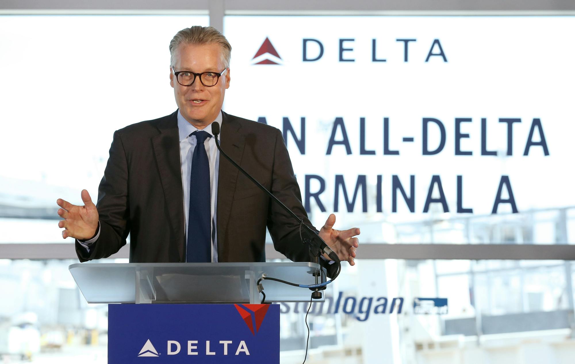  Delta CEO Ed Bastian speaks during a news conference at Logan International Airport.