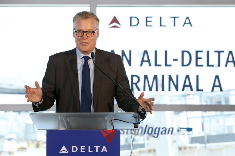  Delta CEO Ed Bastian speaks during a news conference at Logan International Airport.