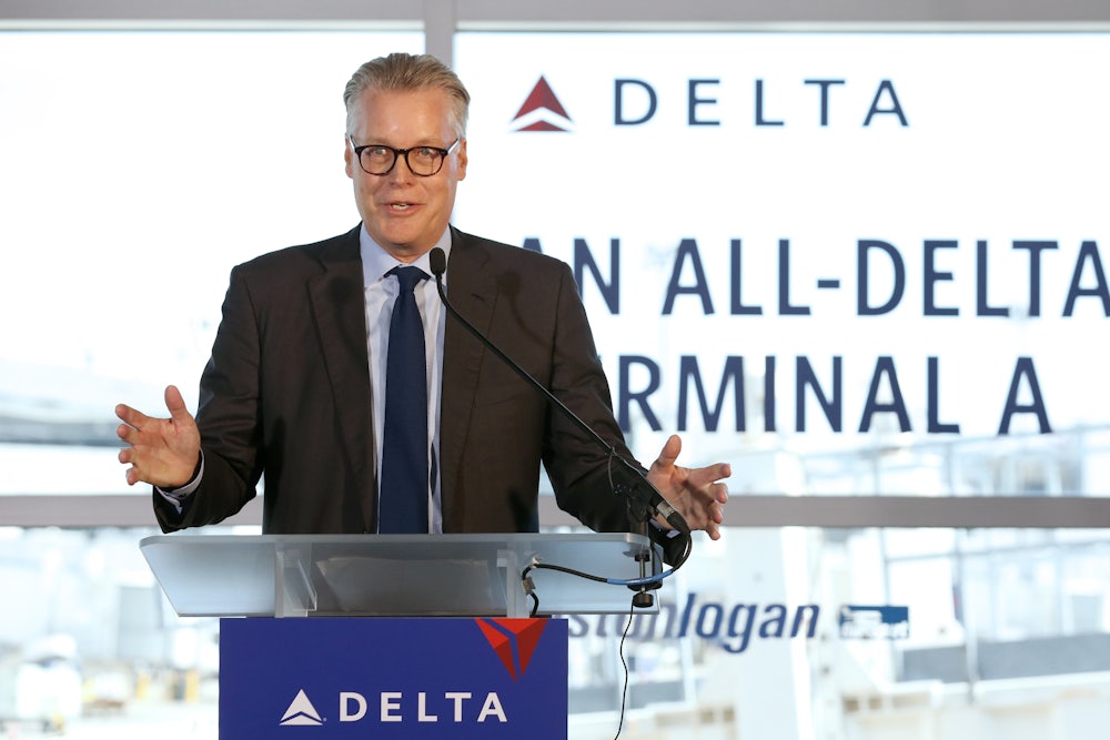 Delta CEO Ed Bastian speaks during a news conference at Logan International Airport.