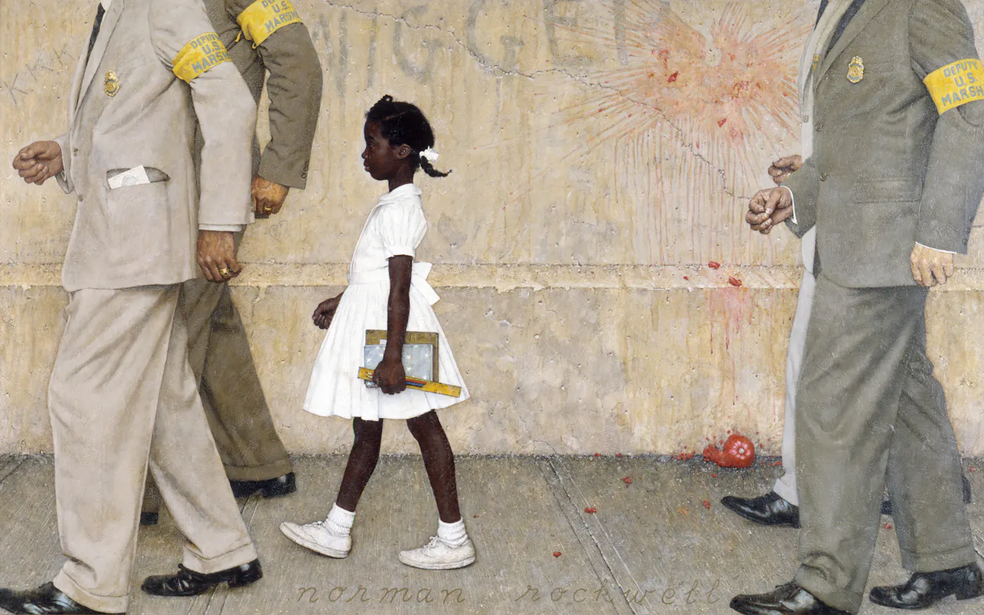 Norman Rockwell's painting entitled The Problem We All Live With , depicts six-year-old Ruby Bridges in a white dress walking to school escorted by four  U.S. Marshals, past a wall splattered with a thrown tomato and racial slurs.