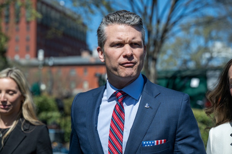 Pete Hegseth speaks to reporters outside the White House