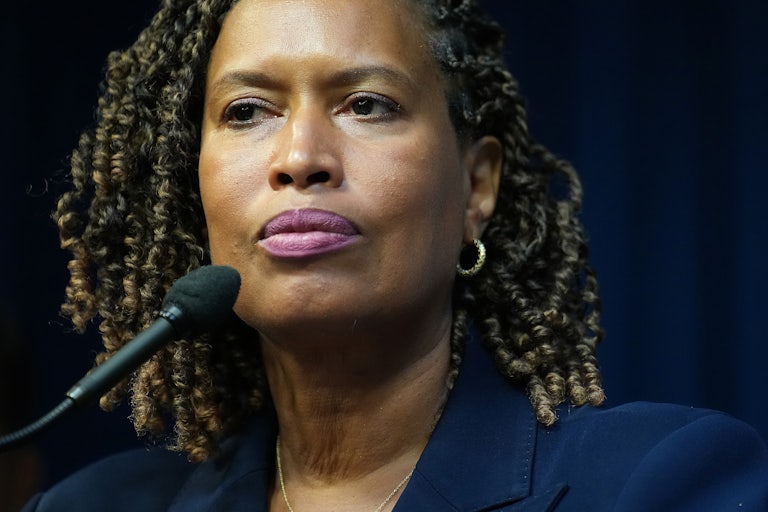 Washington Mayor Muriel Bowser stands at a microphone