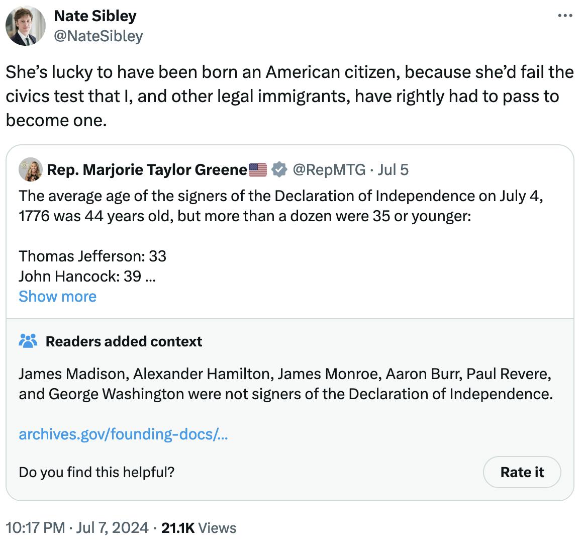 Tweet screenshot Nate Sibley @NateSibley: She’s lucky to have been born an American citizen, because she’d fail the civics test that I, and other legal immigrants, have rightly had to pass to become one.