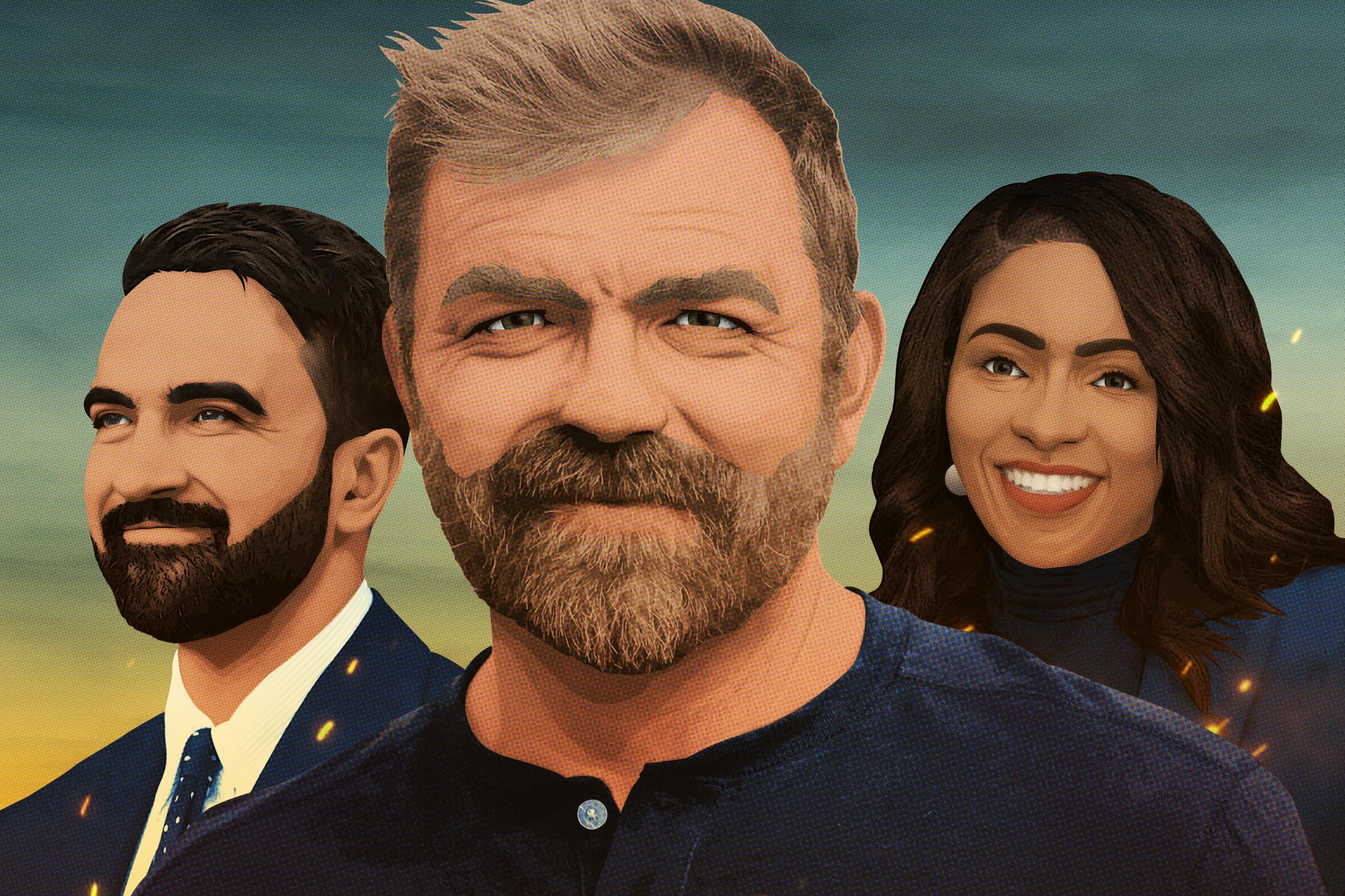 Illustration with images of Zohran Mamdani on the left, Graham Platner in the center, and Jasmine Crockett on the right 