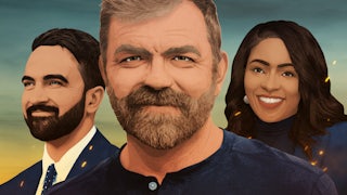 Illustration with images of Zohran Mamdani on the left, Graham Platner in the center, and Jasmine Crockett on the right