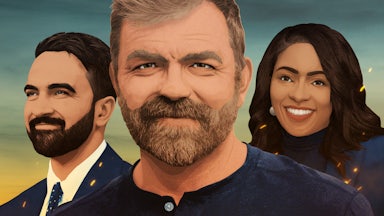 Illustration with images of Zohran Mamdani on the left, Graham Platner in the center, and Jasmine Crockett on the right