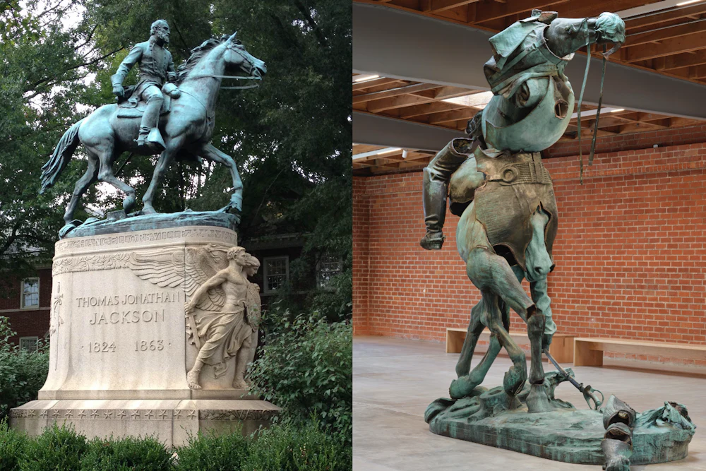 a statue of Confederate Gen. Stonewall Jackson and Kara Walker's Unmanned Drone