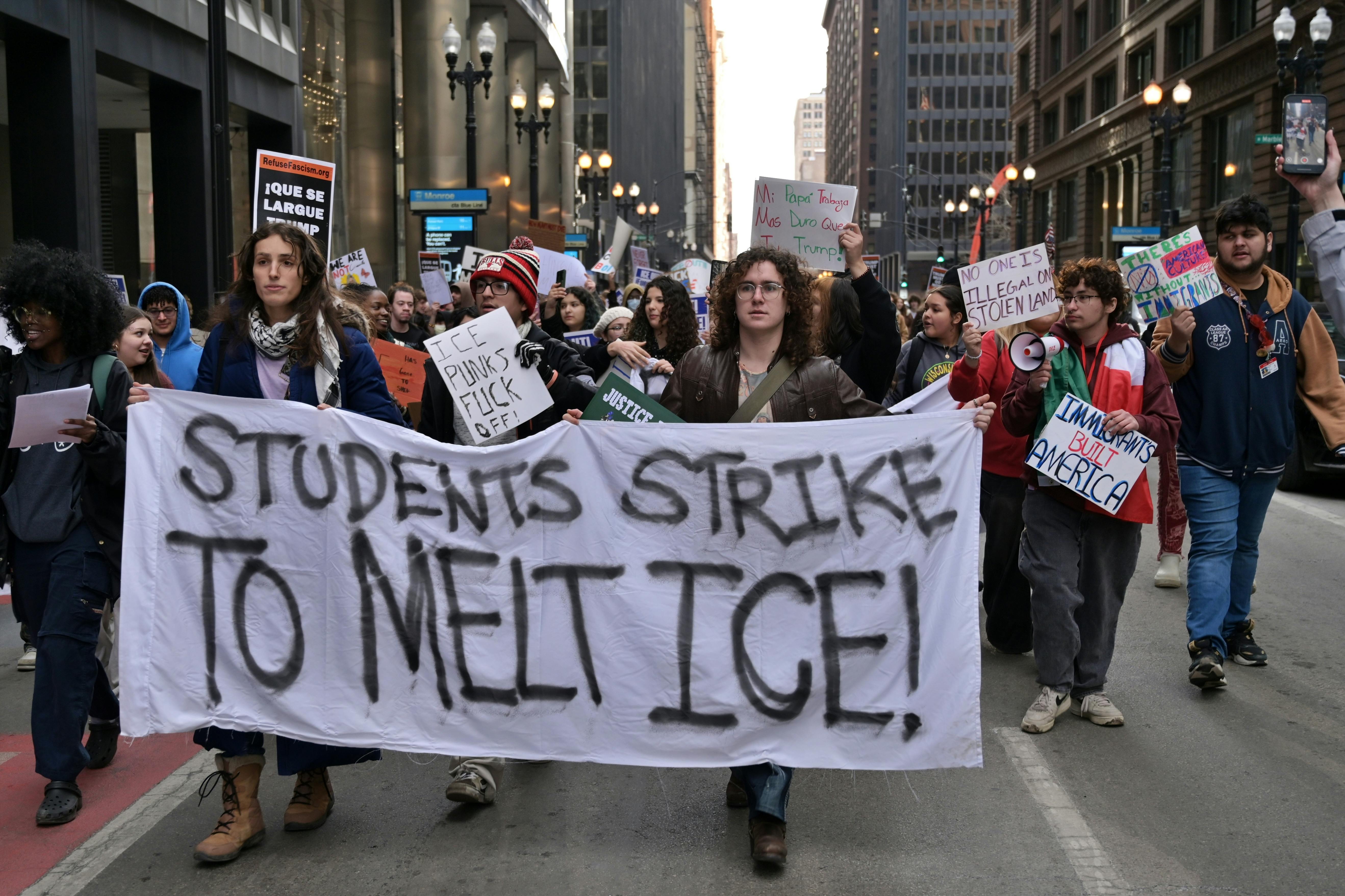 Students from across Chicago gather at Federal Plaza to protest against U.S. Immigration and Customs Enforcement.