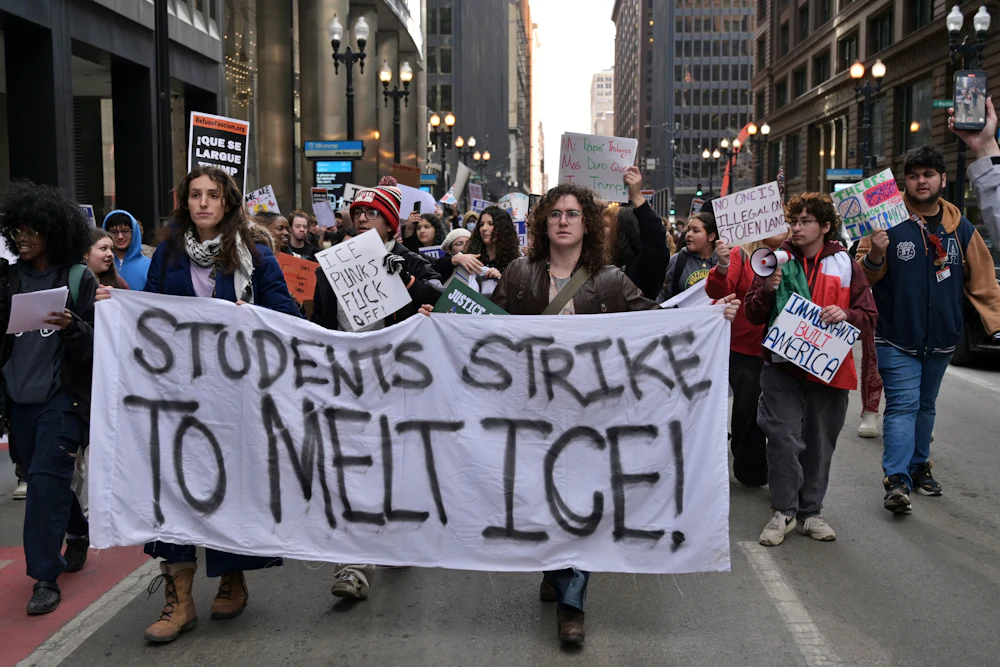 Students from across Chicago gather at Federal Plaza to protest against U.S. Immigration and Customs Enforcement.