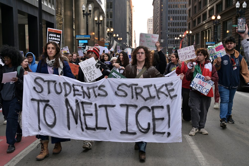 Students from across Chicago gather at Federal Plaza to protest against U.S. Immigration and Customs Enforcement.