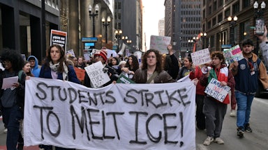 Students from across Chicago gather at Federal Plaza to protest against U.S. Immigration and Customs Enforcement.