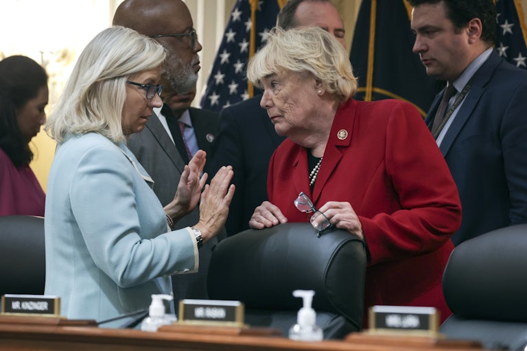 Liz Cheney and Zoe Lofgren have a private conversation after a meeting of the January 6 Commission. 