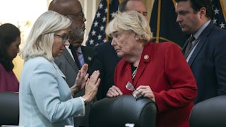 Liz Cheney and Zoe Lofgren have a private conversation after a meeting of the January 6 Commission.