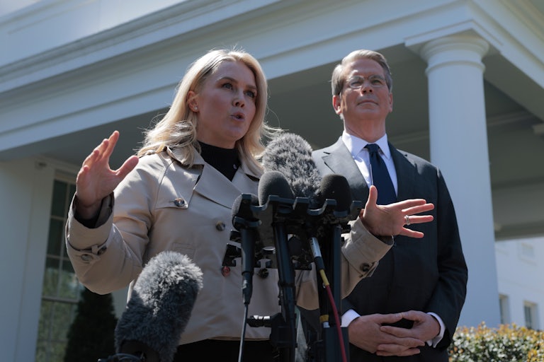 White House press secretary Karoline Leavitt and Treasury Secretary Scott Bessent give a press conference outside the White HOuse.
