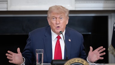 Donald Trump speaks during an "Invest America Roundtable" meeting on June 9, 2025 inside the State Dining Room at the White House.