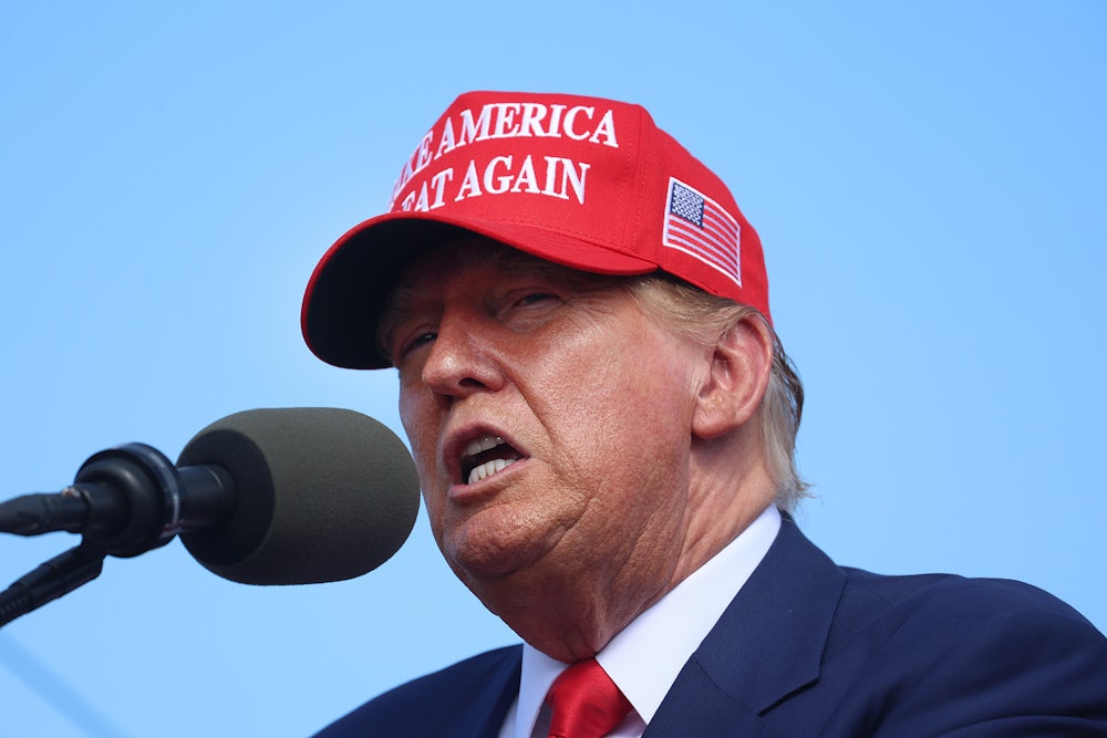 Donald Trump wearing a MAGA cap and speaking into a microphone