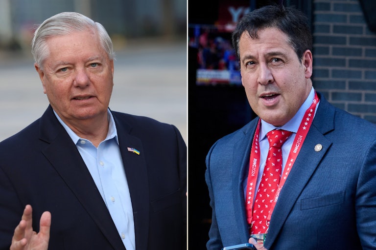 splitscreen of Senator Lindsey Graham and Project 2025 architect Paul Dans.