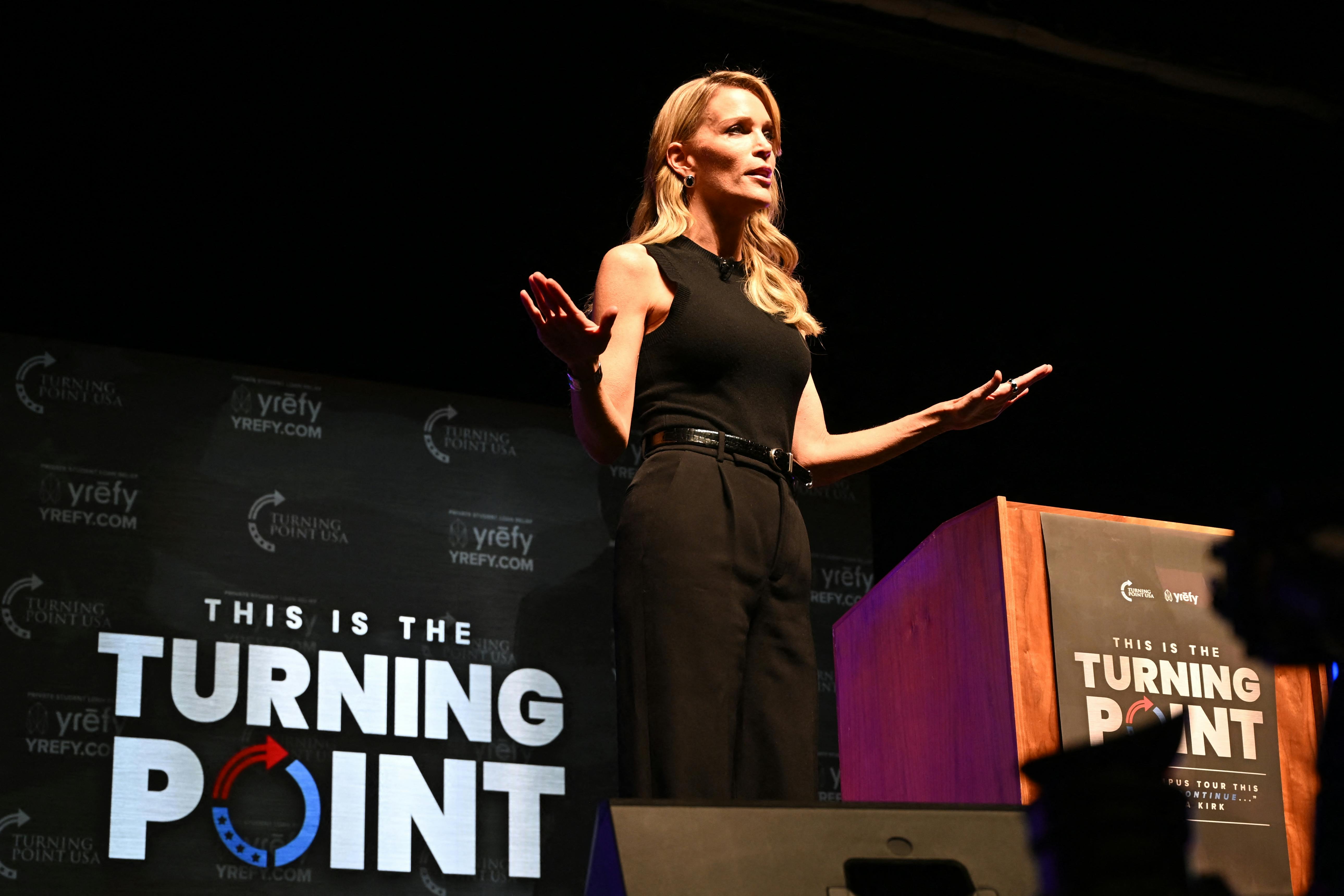 Megyn Kelly speaks during an “American Comeback Tour” stop hosted by Turning Point USA in Burruss Hall at Virgina Tech university in Blacksburg, Virginia, on September 24, 2025. 