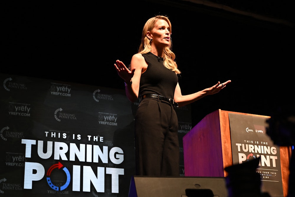 Megyn Kelly speaks during an “American Comeback Tour” stop hosted by Turning Point USA in Burruss Hall at Virgina Tech university in Blacksburg, Virginia, on September 24, 2025.