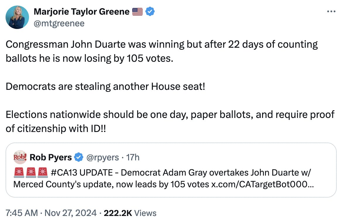 X screenshot Marjorie Taylor Greene 🇺🇸 @mtgreenee:
Congressman John Duarte was winning but after 22 days of counting ballots he is now losing by 105 votes.

Democrats are stealing another House seat!

Elections nationwide should be one day, paper ballots, and require proof of citizenship with ID!!