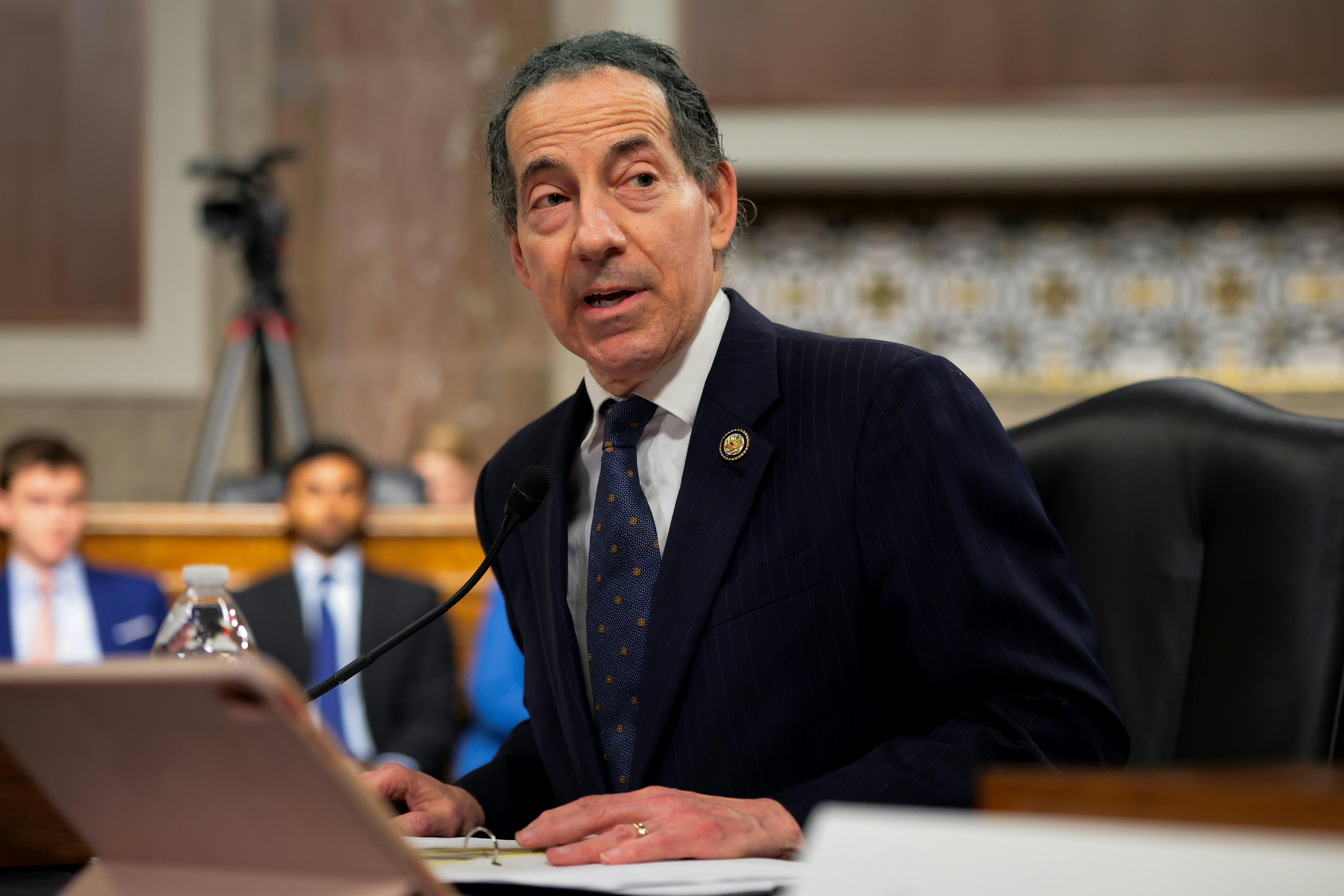 Representative Jamie Raskin speaks while sitting in a congressional hearing
