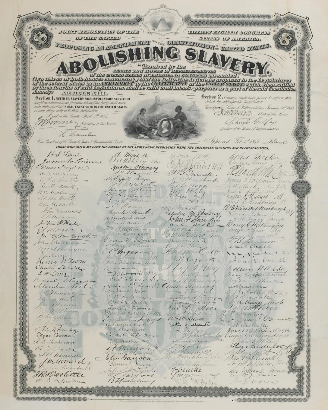 1865 congressional document proposing the Thirteenth Amendment, abolishing slavery, covered in legislators' signatures