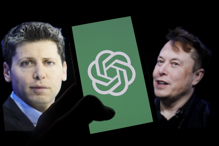 a stock image of Sam Altman on the left, in the middle a hand holds a mobile screen showing the logo of OpenAI, on the right a stock image of Elon Musk