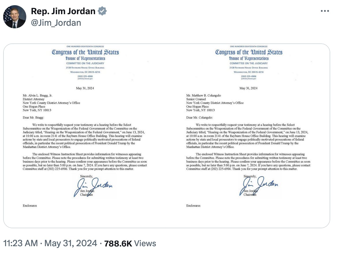 Twitter screenshot with full letter - Jim Jordan
