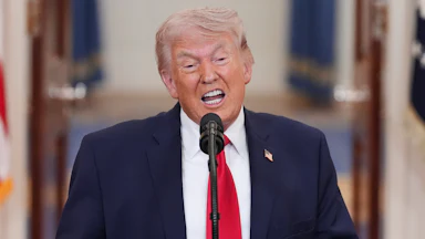 Donald Trump speaks into a microphone