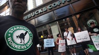 Starbucks baristas and supporters protest