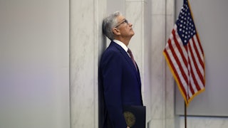 Fed Chairman Jerome Powell prepares to deliver remarks to the The Federal Reserve's Division of Research and Statistics Centennial Conference.