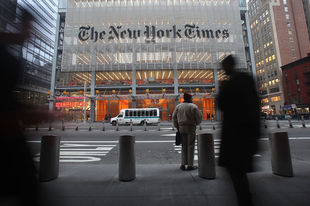The New York Times building in Manhattan, seen from across the street.