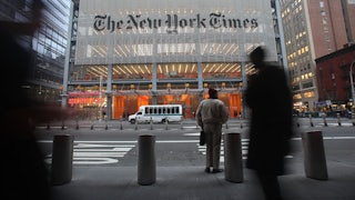 The New York Times building in Manhattan, seen from across the street.
