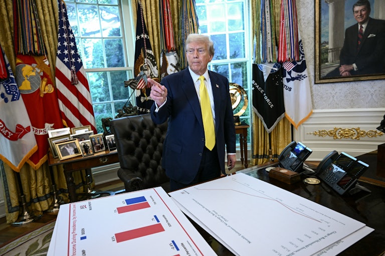 President Donald Trump speaks about the economy in the Oval Office.