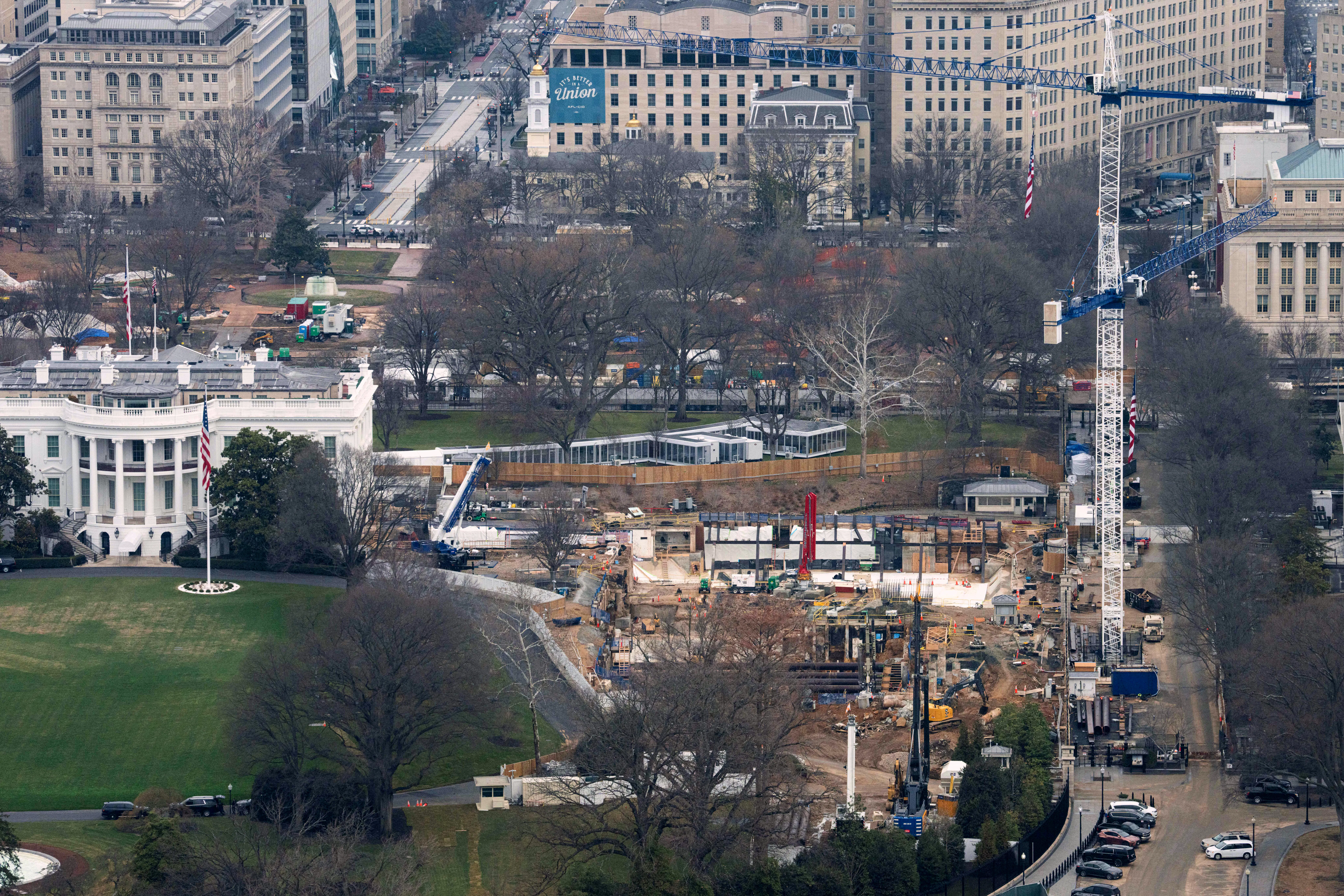 An aerial view of construction at the White House