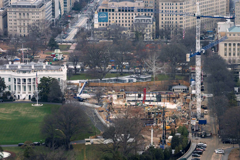 An aerial view of construction at the White House