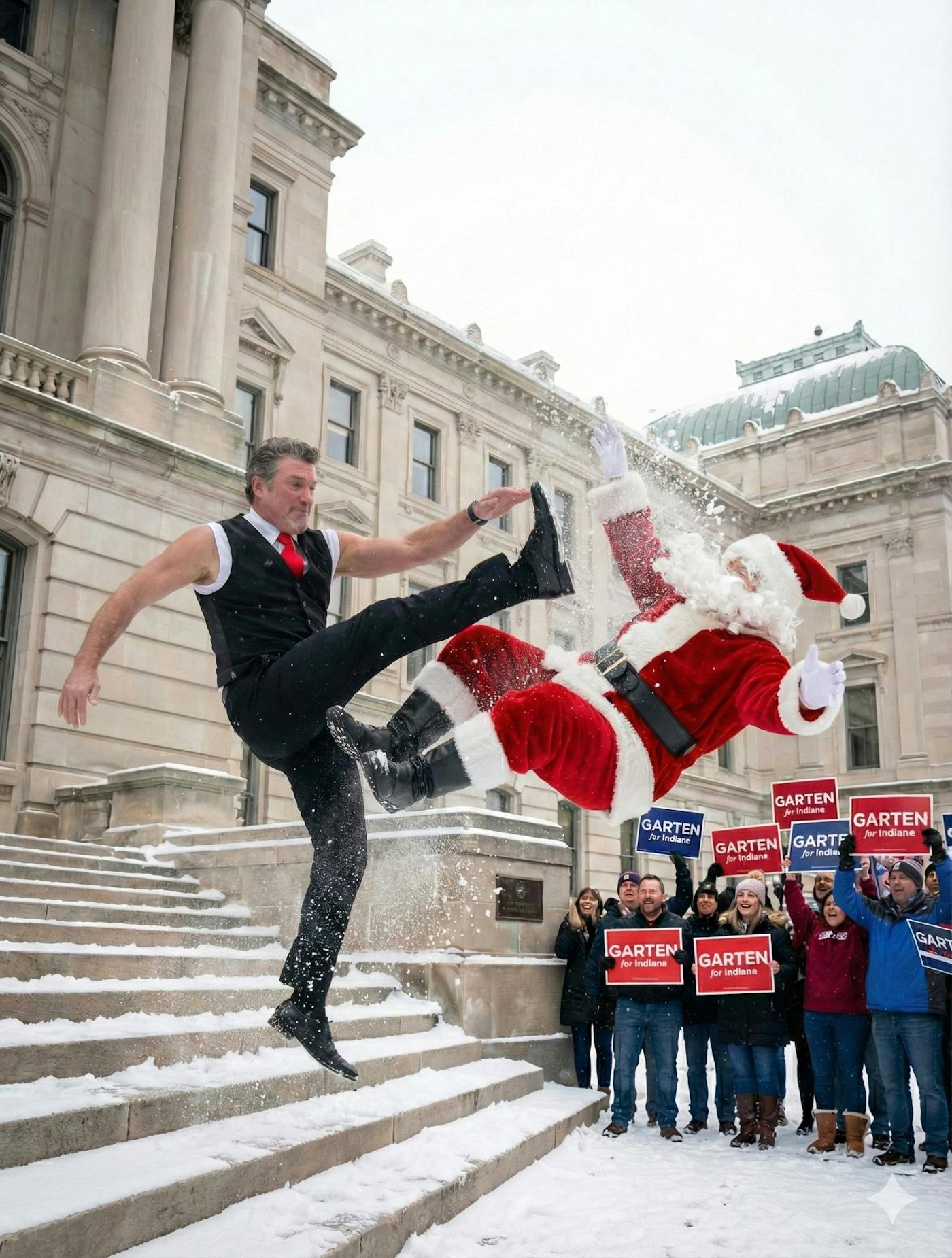 Chris Garten, wearing a tanktop vest and a red tie, kicks Santa off the snowy steps of the Indiana statehouse. His fans nearby hold his campaign signs while dressed in full Christmas apparel.
