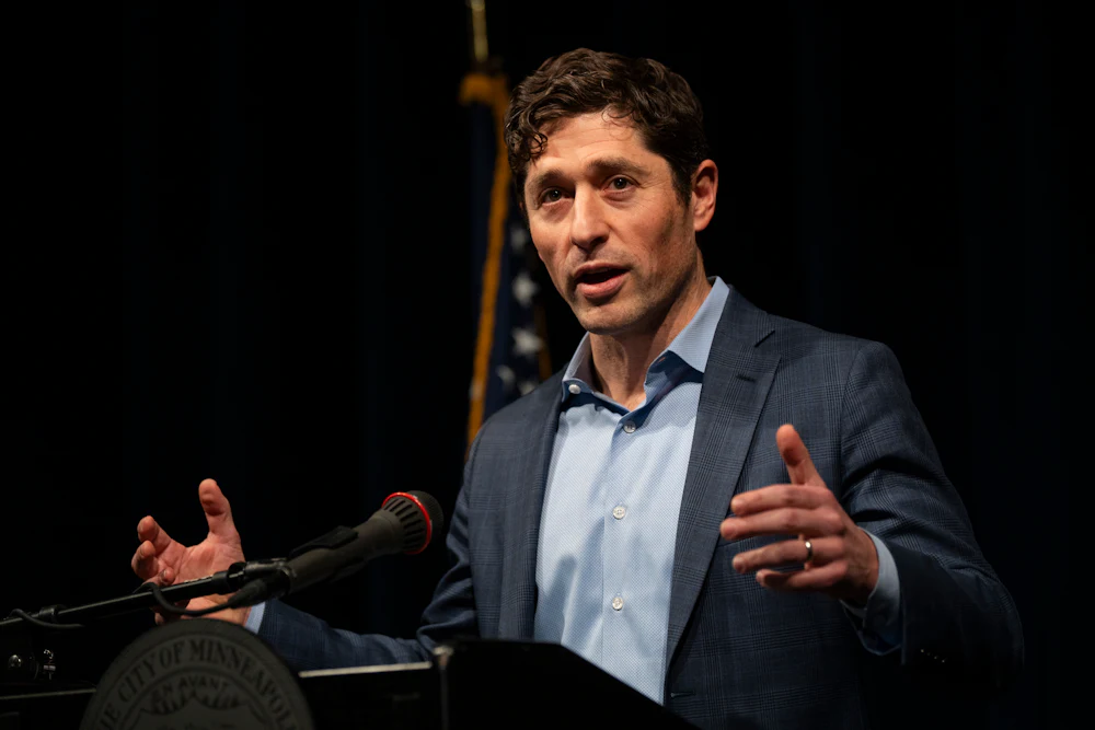 Minneapolis Mayor Jacob Frey gestures with hands while speaking