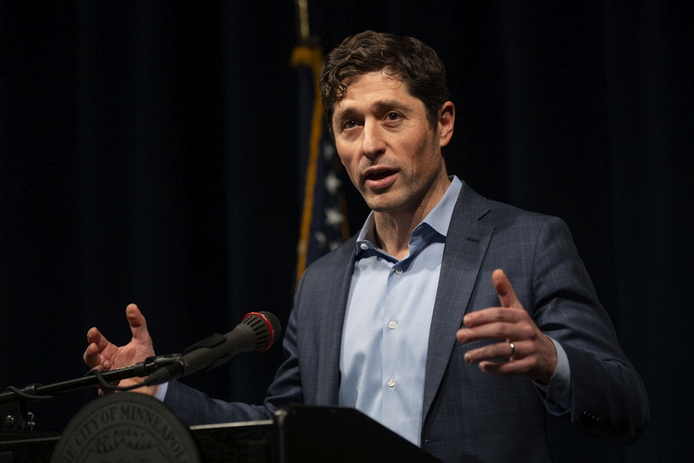 Minneapolis Mayor Jacob Frey gestures with hands while speaking