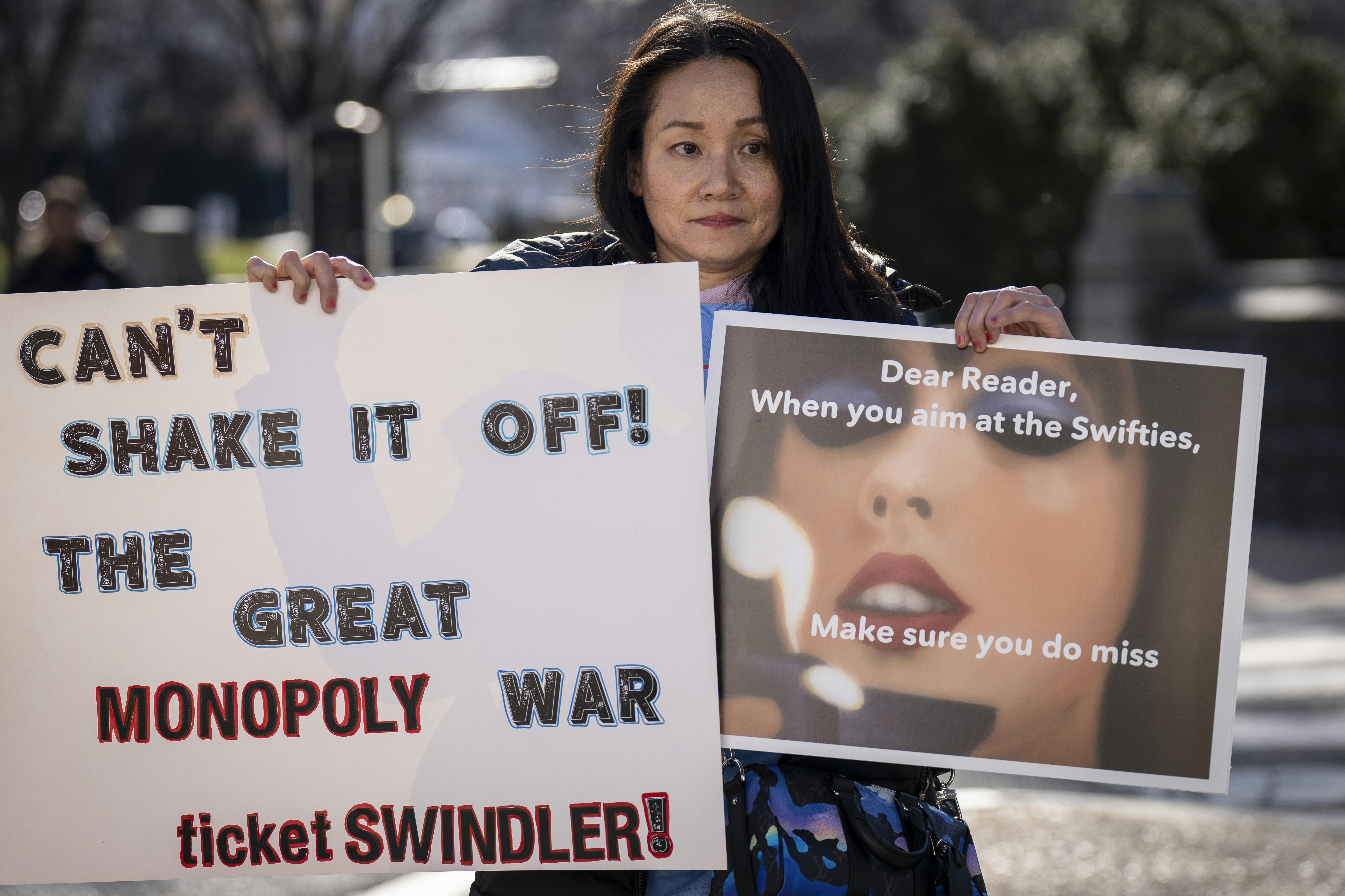 An anti-Ticketmaster protester outside the U.S. Capitol