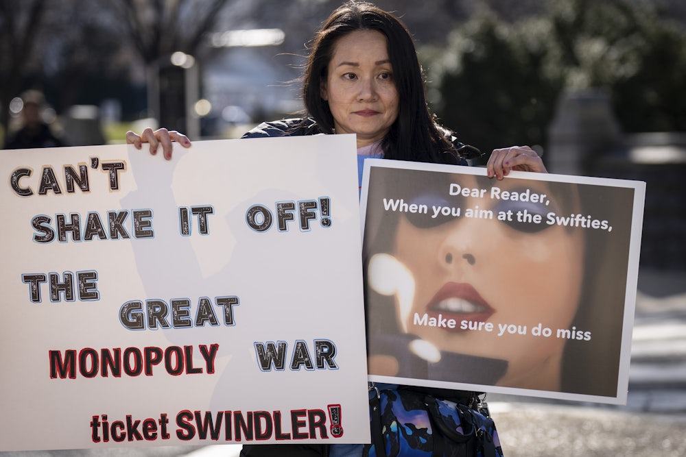 An anti-Ticketmaster protester outside the U.S. Capitol