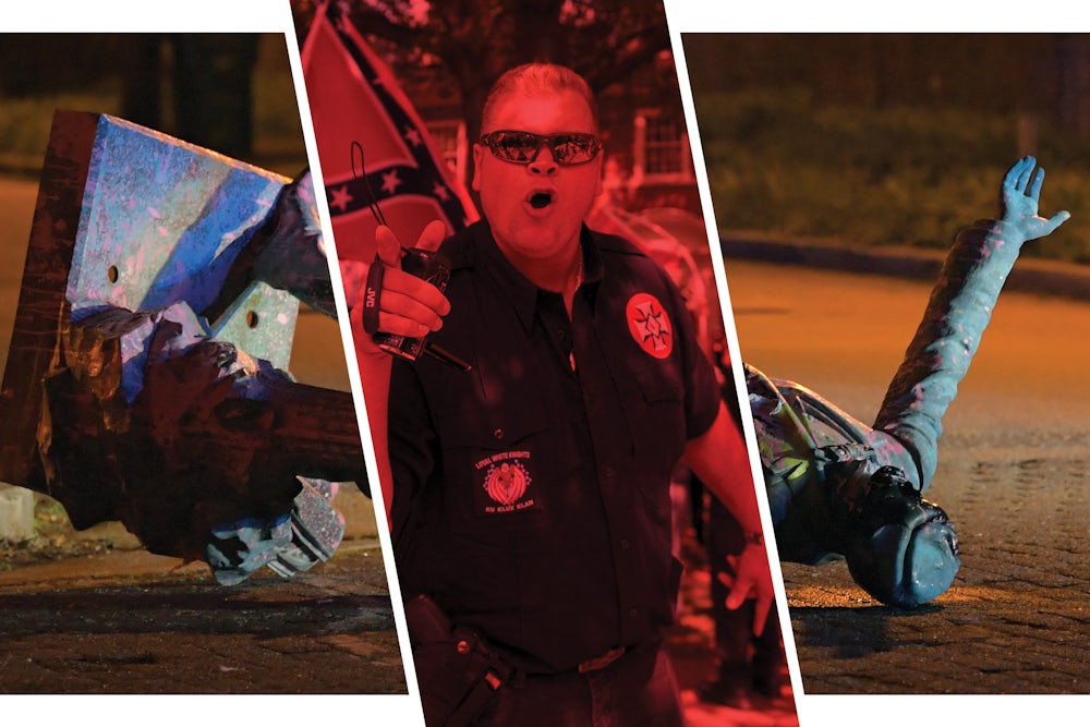 Photo of a topped statue of a confederate soldier interrupted by a photo of a white supremacist