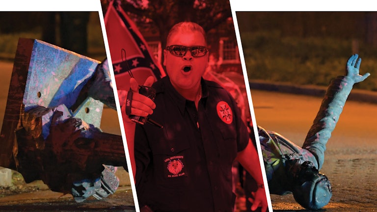 Photo of a topped statue of a confederate soldier interrupted by a photo of a white supremacist