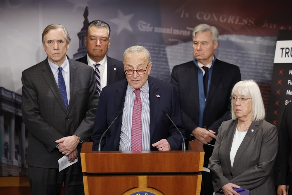 Senate Minority Leader Chuck Schumer speaks alongside Democratic members of the Senate Budget Committee at the U.S. Capitol in Washington, DC.