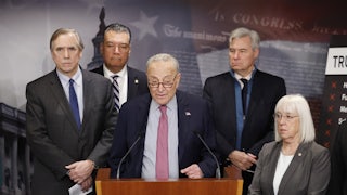 Senate Minority Leader Chuck Schumer speaks alongside Democratic members of the Senate Budget Committee at the U.S. Capitol in Washington, DC.