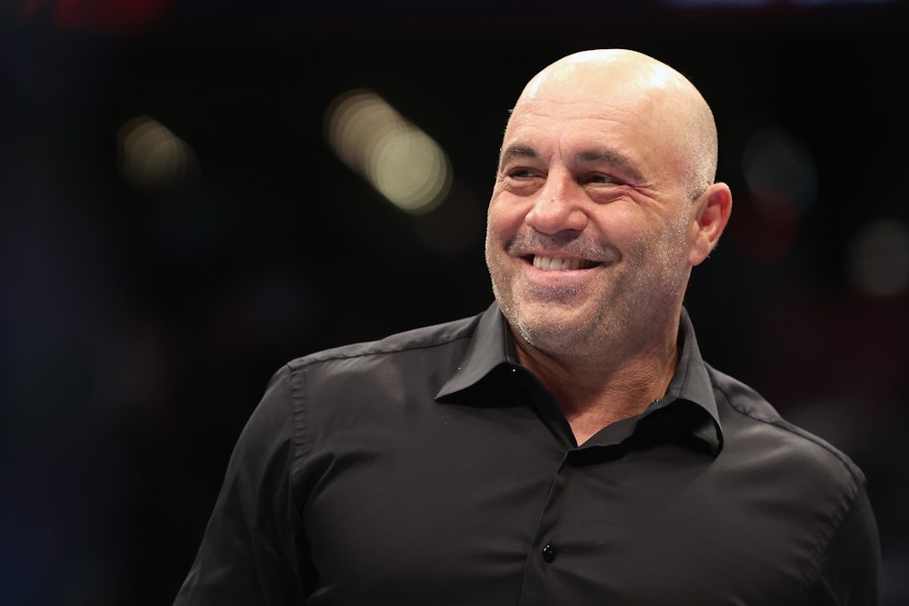 Joe Rogan smiles and looks to the left.